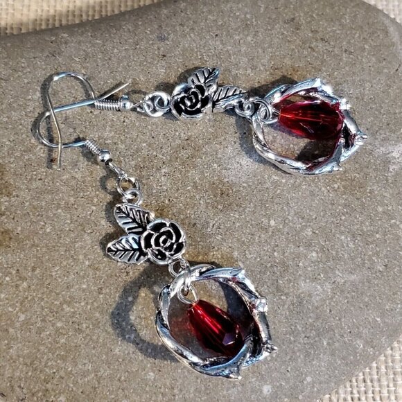 Vampire Goth Blood Red Crystal Teardrop Roses Dead Vines Silver Enamel Earrings - Picture 2 of 7